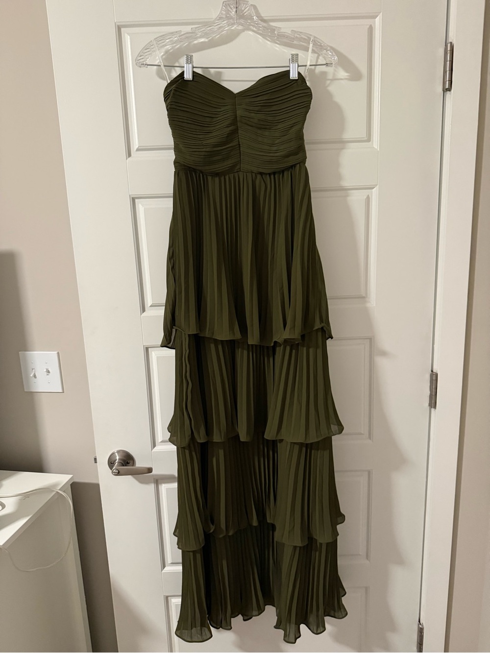 Lulu's Olive Green Strapless Tiered Pleated Maxi Dress